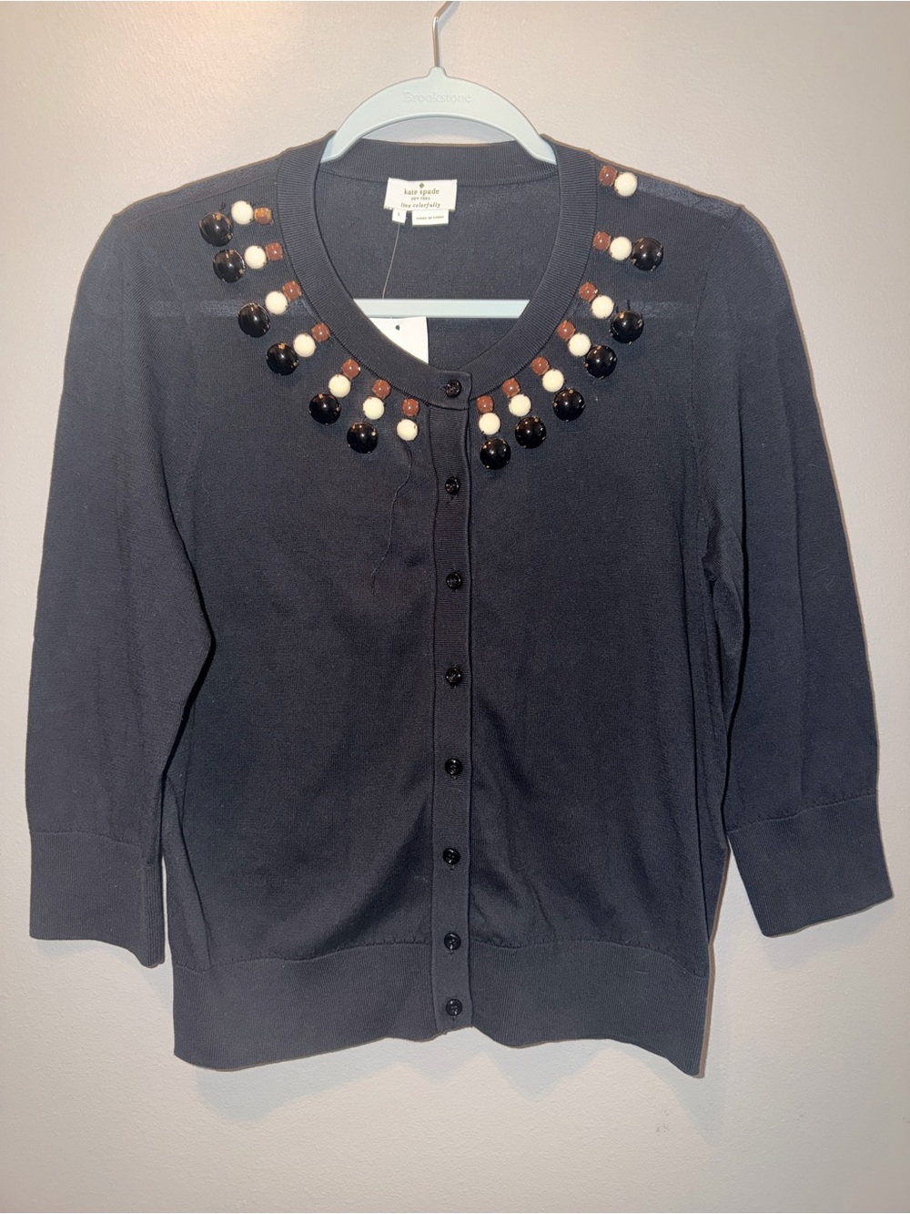 kate spade 100% cotton luxury black beaded neckline button-front cardigan preppy